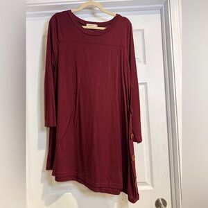 Burgundy Long Sleeve Dress with Button Detail